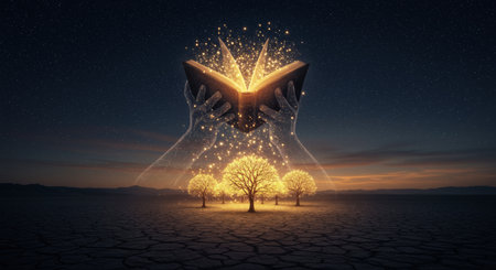 A cosmic hand plants a forest of glowing trees from a book of knowledge. A metaphor for education and the power of spreading wisdom to transform the world.の素材