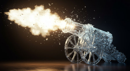 A powerful cannon made of fragile crystal is firing, cracking itself. A metaphor for a high-risk, high-reward "glass cannon" strategy.の素材