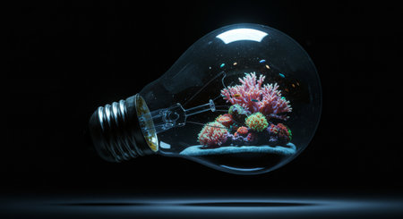 A glass lightbulb contains a vibrant, living coral reef inside. A beautiful metaphor for a thriving, complex, and living idea.の素材