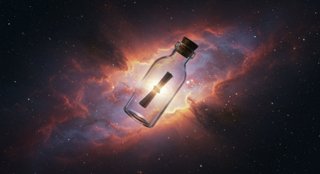 A glass bottle containing a miniature galaxy floats through a nebula. A beautiful metaphor for a message of great importance and cosmic communication.の素材