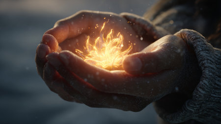 Ethereal hands protect a tiny, fragile flame of golden light from a cold wind. A metaphor for nurturing a new, fragile idea in a harsh environment.の素材