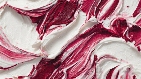 Close-up of red and white swirled cream texture, abstract art.の素材