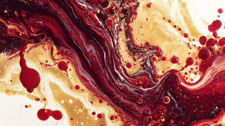 Abstract fluid art with red and gold swirling patterns.の素材