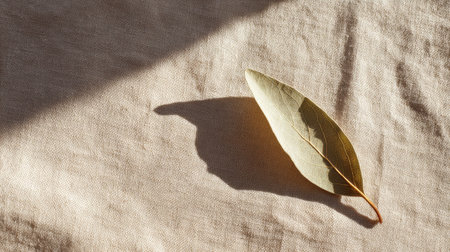 A single eucalyptus leaf casting a shadow on a textured fabric surface.の素材