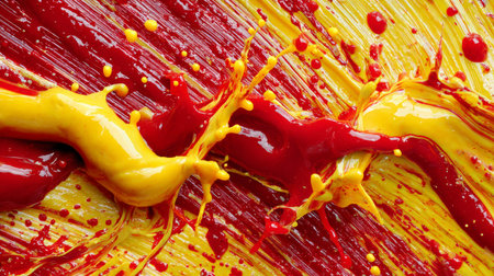 Abstract splashes of red and yellow paint on a textured surface.の素材