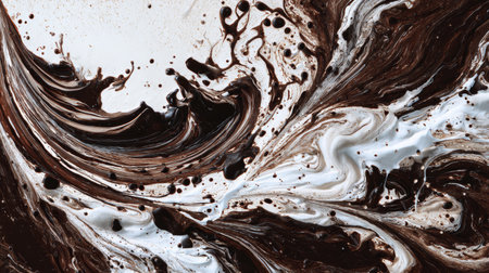 Abstract swirl of brown and white paint creating a marbled effect.の素材