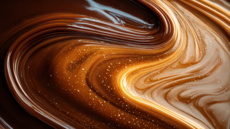 Close-up of swirling caramel and chocolate with golden sparkles.の素材