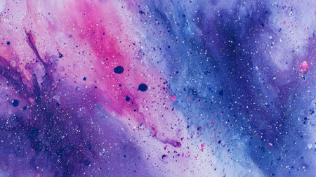 Abstract watercolor painting with pink and purple splashes resembling a galaxy.の素材