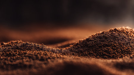 Close-up of ground coffee with a textured surface, creating a landscape-like appearance.の素材