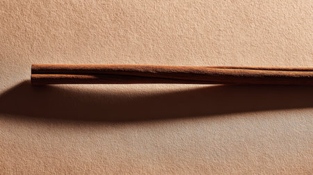 Cinnamon stick casting a shadow on a textured brown surface.の素材