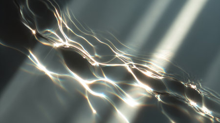Abstract light reflections creating wavy patterns on a surface.の素材