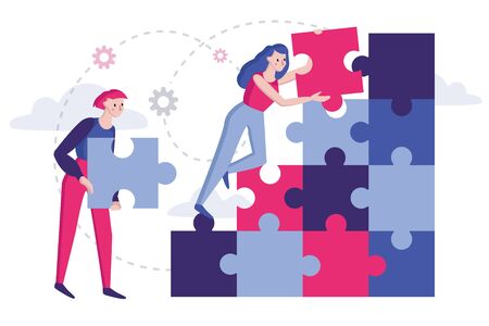 Vector flat illustration. Teamwork and team building, business concept, coworking and team metaphor. Connecting puzzle elements.のイラスト素材