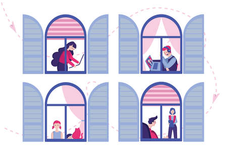 Vector illustration. Apartment building with open windows, neighbors communicate, someone works, communicates or looks out the window. Illustration of house, flat, neighborhood, community, condo.のイラスト素材