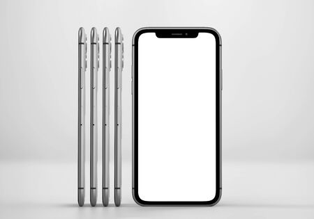 New Smartphone 2019, 3D Rendered on Light Gray Backgroundの写真素材