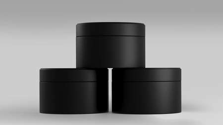 Black Plastic Cosmetic Jar Mockup, Dark beauty make-up Container 3D Rendering isolated on light backgroundの写真素材