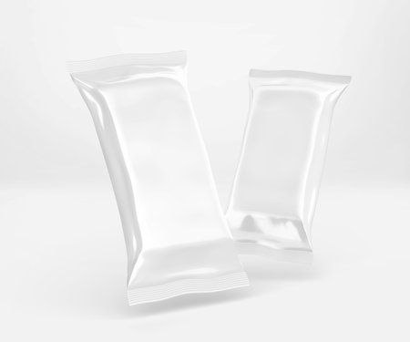 White Cocolate Bar Packaging Mockup, Blank Plastic Candy Container, 3D Rendering isolated on light backgroundの写真素材