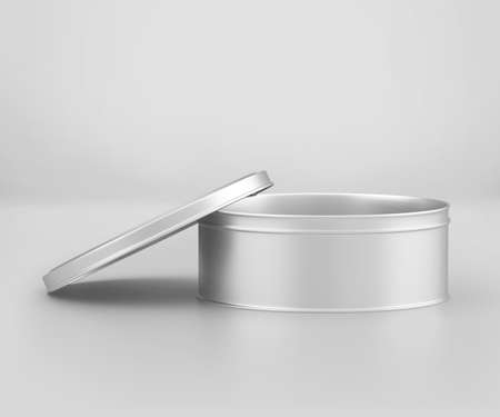White Small Round Tin Can Mockup, Blank food Container, 3d Rendering isolated on light gray background, Ready for your designの写真素材