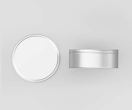 White Small Round Tin Can Mockup, Blank food Container, 3d Rendering isolated on light gray background, Ready for your designの写真素材