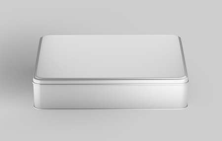 White Rectangular Metal box, blank aluminium can container with lid, 3d rendered isolated on light backgroundの写真素材