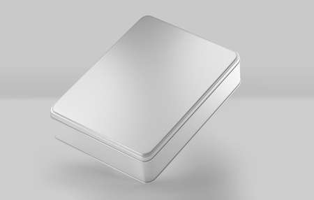 White Rectangular Metal box, blank aluminium can container with lid, 3d rendered isolated on light backgroundの写真素材