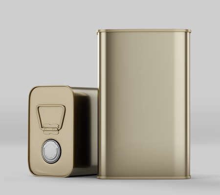 Rectangular Olive Oil Tin Can Mockup, golden Liquid Container, 3d Rendered isolated on light backgroundの写真素材