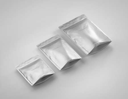 White Stand up foil pouch bag mockup template, blank food coffee doypack, 3d Rendering isolated on light backgroundの写真素材