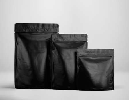Black Stand up foil pouch bag mockup template, Dark blank food coffee doypack, 3d Rendering isolated on light backgroundの写真素材