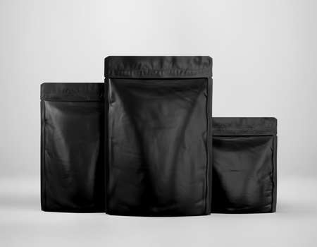 Black Stand up foil pouch bag mockup template, Dark blank food coffee doypack, 3d Rendering isolated on light backgroundの写真素材
