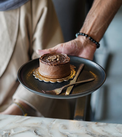 Man holding a plate of chocolate cheesecake in a cafe.の写真素材