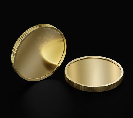 Two Gold Coins, Mockup Template, Banking Concept, Cryptocurrency, 3d Rendered isolated on Black background.の写真素材