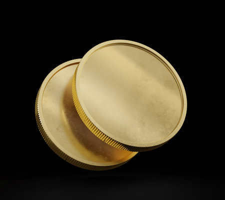 Two Gold Coins Floating, Mockup Template, Banking Concept, Cryptocurrency, 3d Rendered isolated on Black background.の写真素材