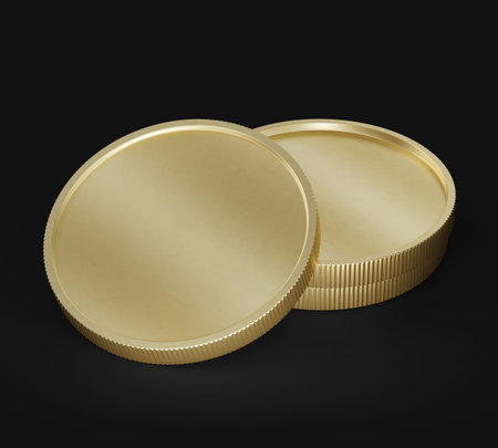 Three Gold Coins on top of each other and One on the side, Mockup Template, Banking Concept, Cryptocurrency, 3d Rendered isolated on Black background.の写真素材