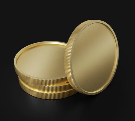Three Gold Coins on top of each other and One on the side, Mockup Template, Banking Concept, Cryptocurrency, 3d Rendered isolated on Black background.の写真素材