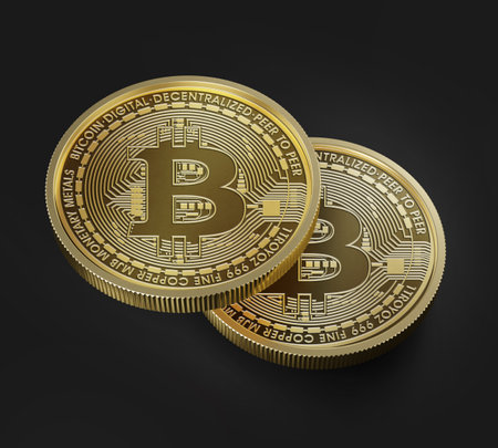 Two Bitcoins on top of each other, Mockup Template, Banking Concept, Cryptocurrency, 3d Rendered isolated on Black background.の写真素材