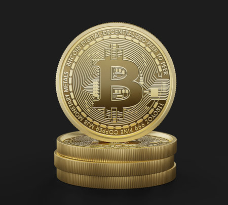 Four Bitcoins on top of each other, Mockup Template, Banking Concept, Cryptocurrency, 3d Rendered isolated on Black background.の写真素材