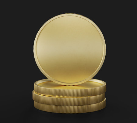 Four Gold Coins on top of each other, Mockup Template, Banking Concept, Cryptocurrency, 3d Rendered isolated on Black background.の写真素材