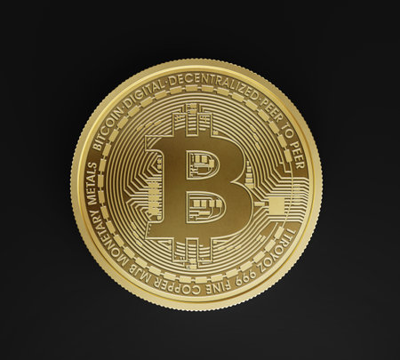Bitcoin, Front View, Mockup Template, Banking Concept, Cryptocurrency, 3d Rendered isolated on Dark background.の写真素材