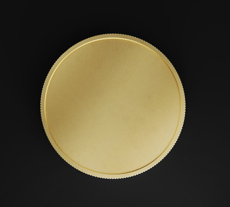 Gold Coin, Front View, Mockup Template, Banking Concept, Cryptocurrency, 3d Rendered isolated on Dark background.の写真素材