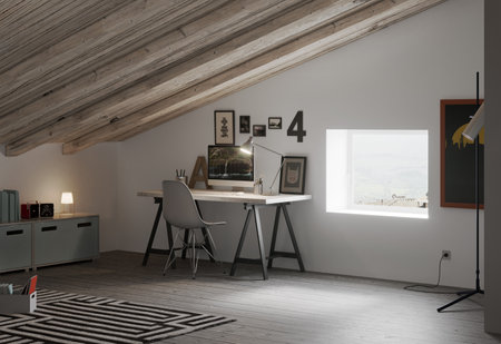 3d Illustration of working space in loft style. Workplace with computerの写真素材