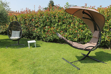 Lounge chairs in the garden with sunbeds and table.の写真素材