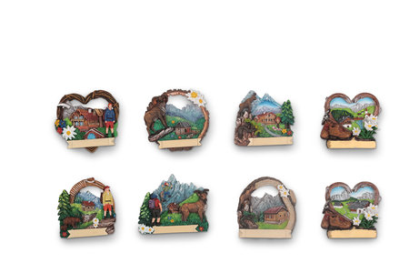 Set of wooden frames with a picture of the forest and mountains on a white background. Souvenir refrigerator door magnets. ideal for gifts. Holiday gifts. Summer and Winterの写真素材
