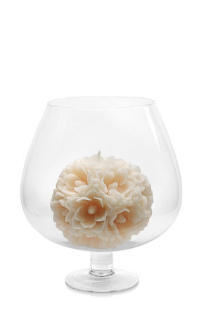 Decorative candle in glass vase on white background, closeupの写真素材