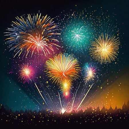Colorful firework display on dark sky background. Vector illustration.の素材