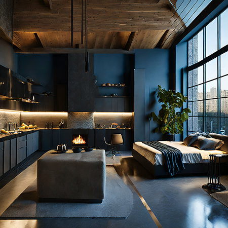 3d rendering of modern loft living room with dark blue walls, wooden floor, panoramic window with city view.の素材