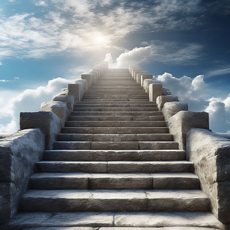Concrete stairs leading up to sky with clouds. 3d renderの素材