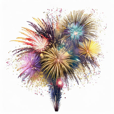 Colorful fireworks isolated on white background for celebration happy new year and merry christmasの素材