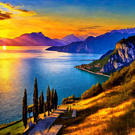 Sunset over Lake Garda in Italy. Beautiful summer landscape.の素材