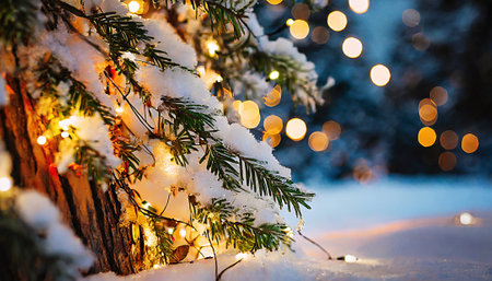 Christmas background with fir branches covered with snow and bokeh lightsの素材