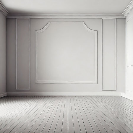 Empty room with white walls and wooden floor. 3d render.の素材