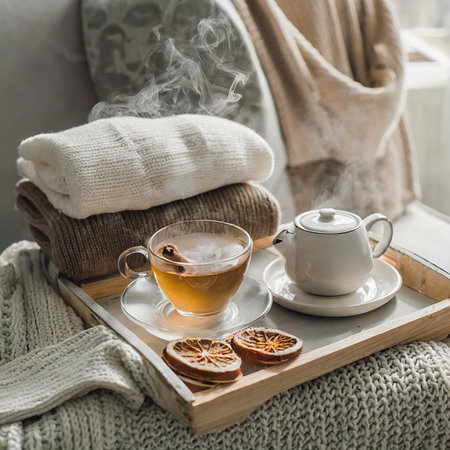 Cup of hot tea with cinnamon on tray. Cozy home interior.の素材